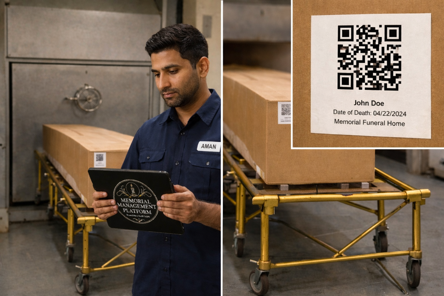 Crematory operator using Memorial Management on tablet with QR body tracking