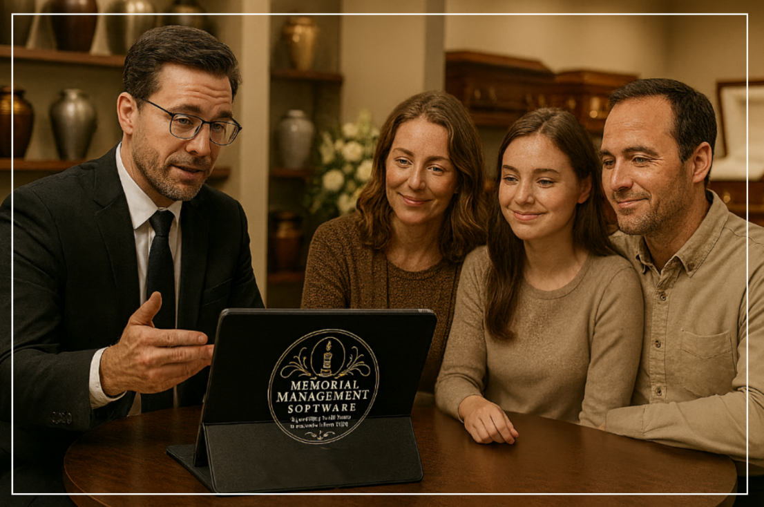 Funeral director meeting with family using Memorial Management tablet